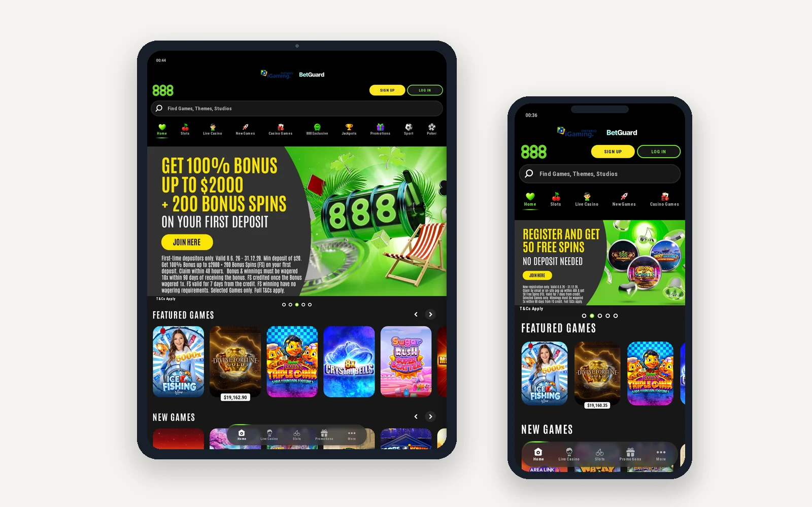 888 Casino Ontario on a tablet and a phone, with the free spins offer and featured games