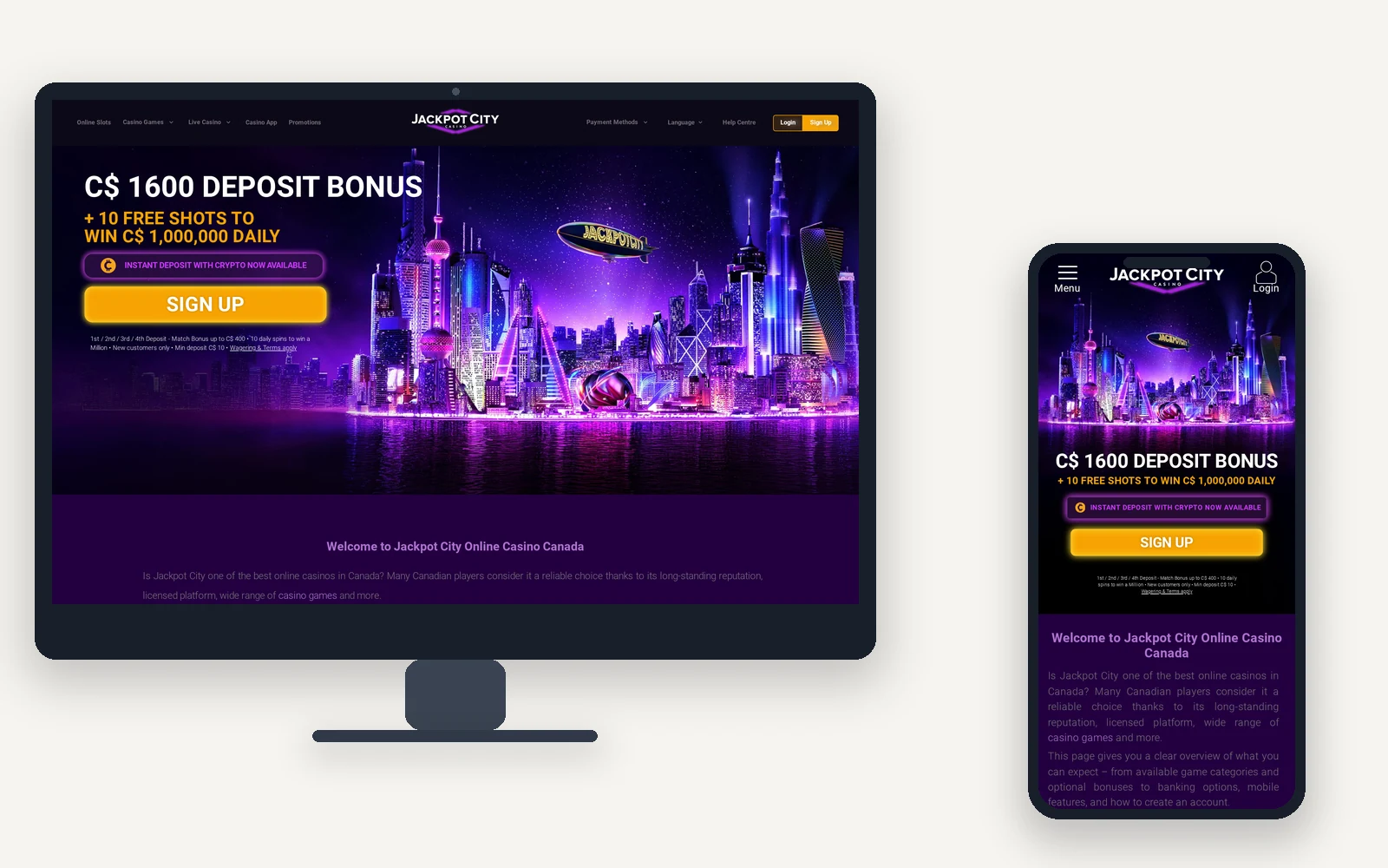 Jackpot City Canada shown on a desktop monitor and a phone, with the C$1,600 deposit bonus