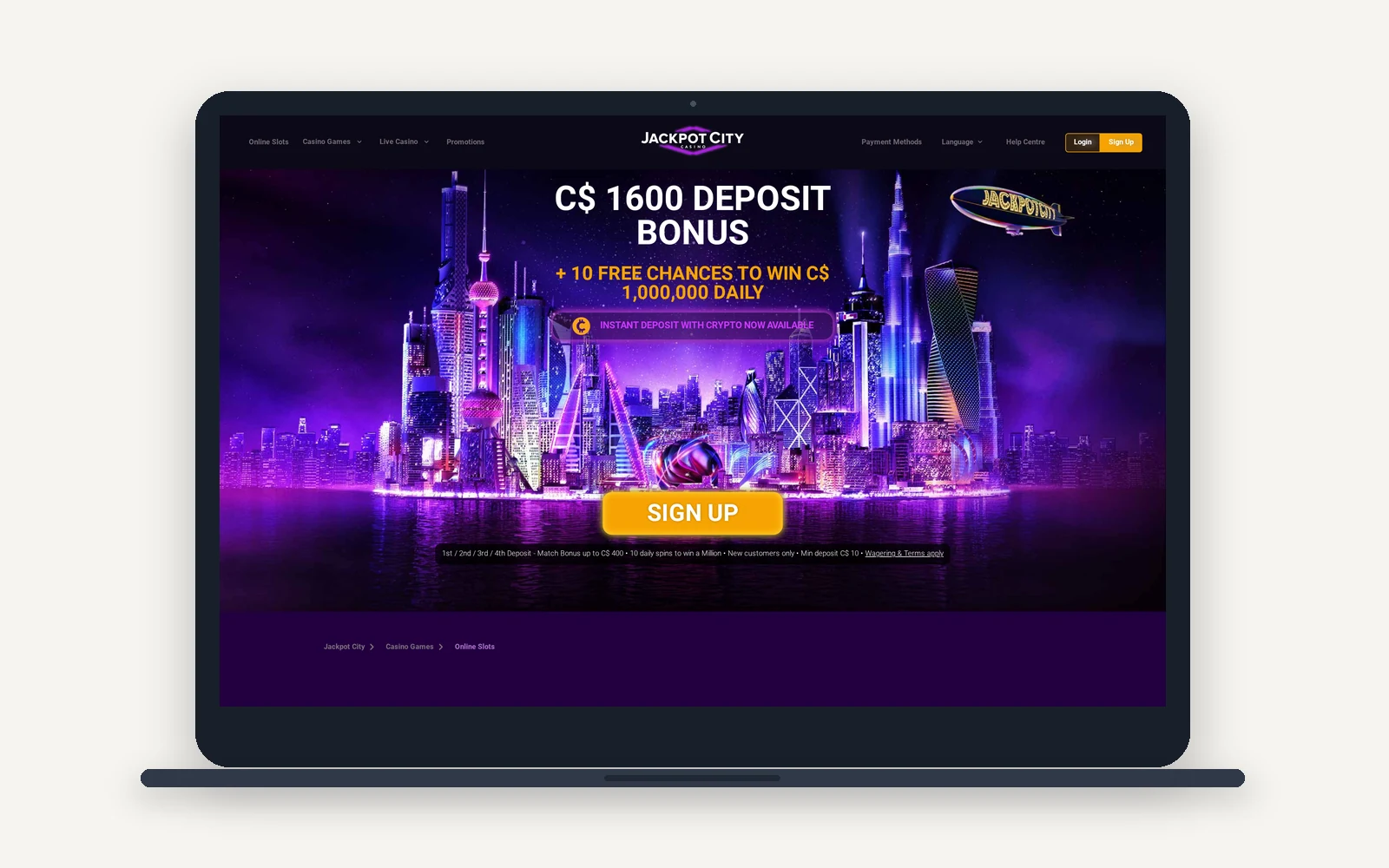 Jackpot City online slots page on a laptop, showing the Canadian slot library