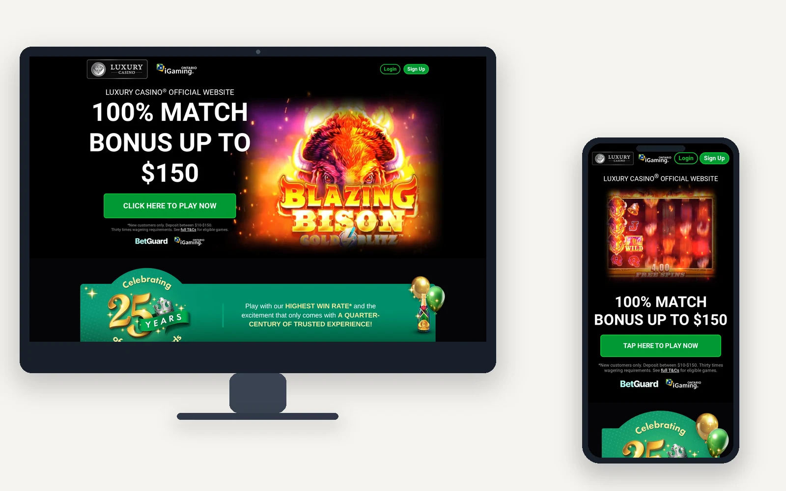 Luxury Casino on a desktop monitor and a phone, with the 100% match welcome bonus