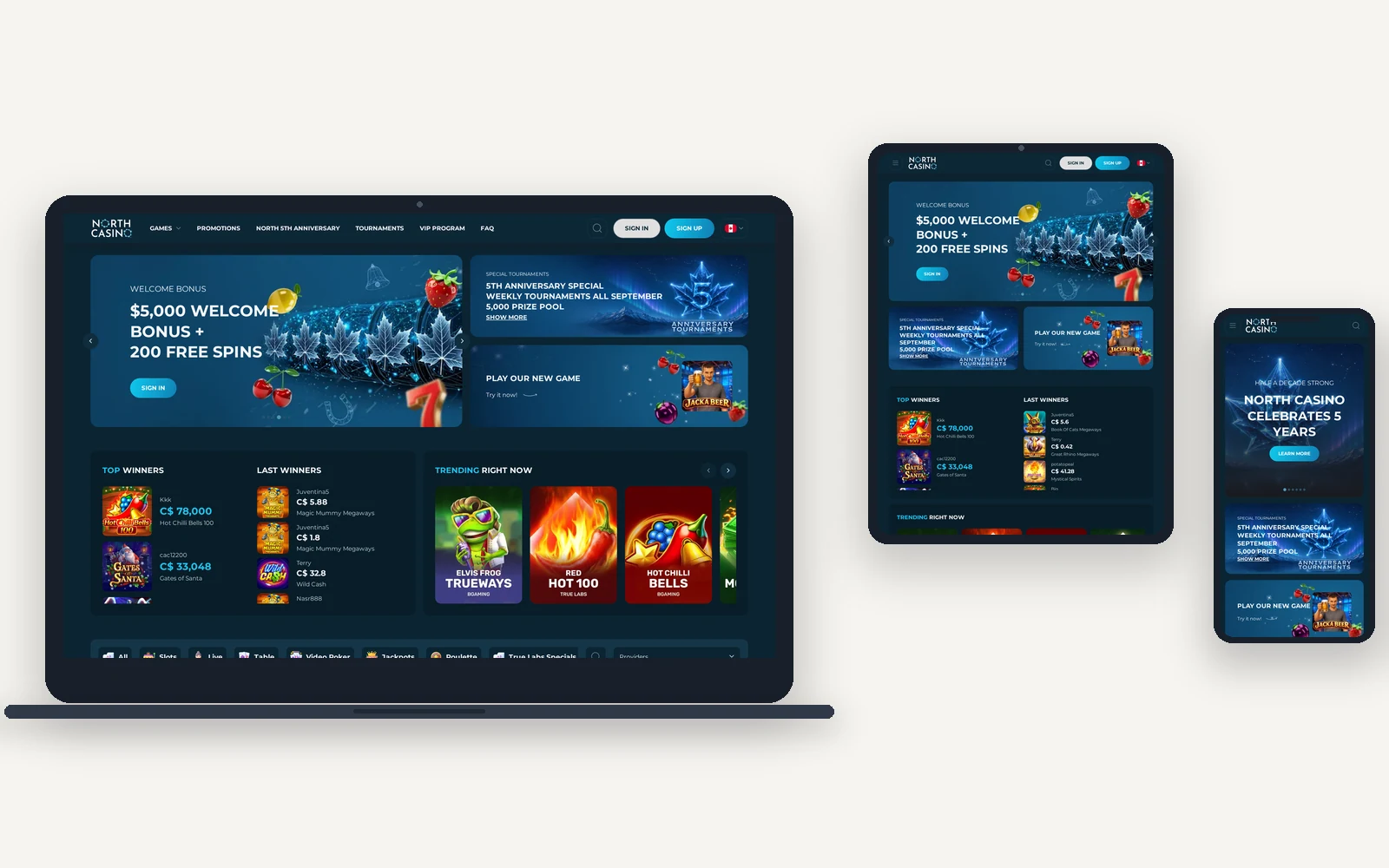 North Casino Canada on a laptop, tablet and phone, with the C$5,000 welcome bonus
