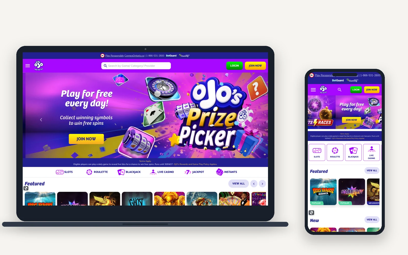 PlayOJO Ontario on a laptop and a phone, an AGCO-registered site with no wagering on its offers