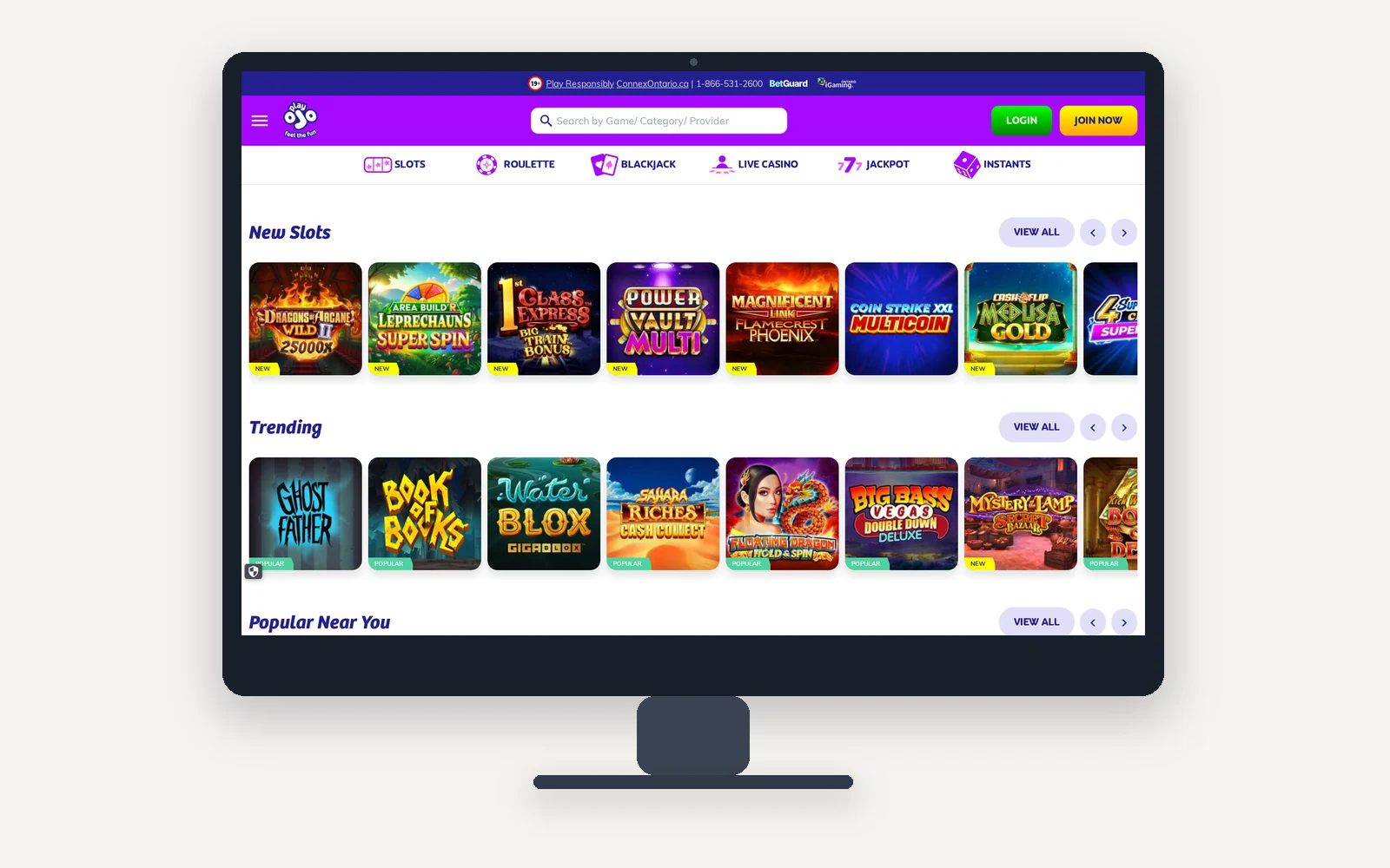 PlayOJO Canada slots page on a desktop monitor, showing new and trending titles