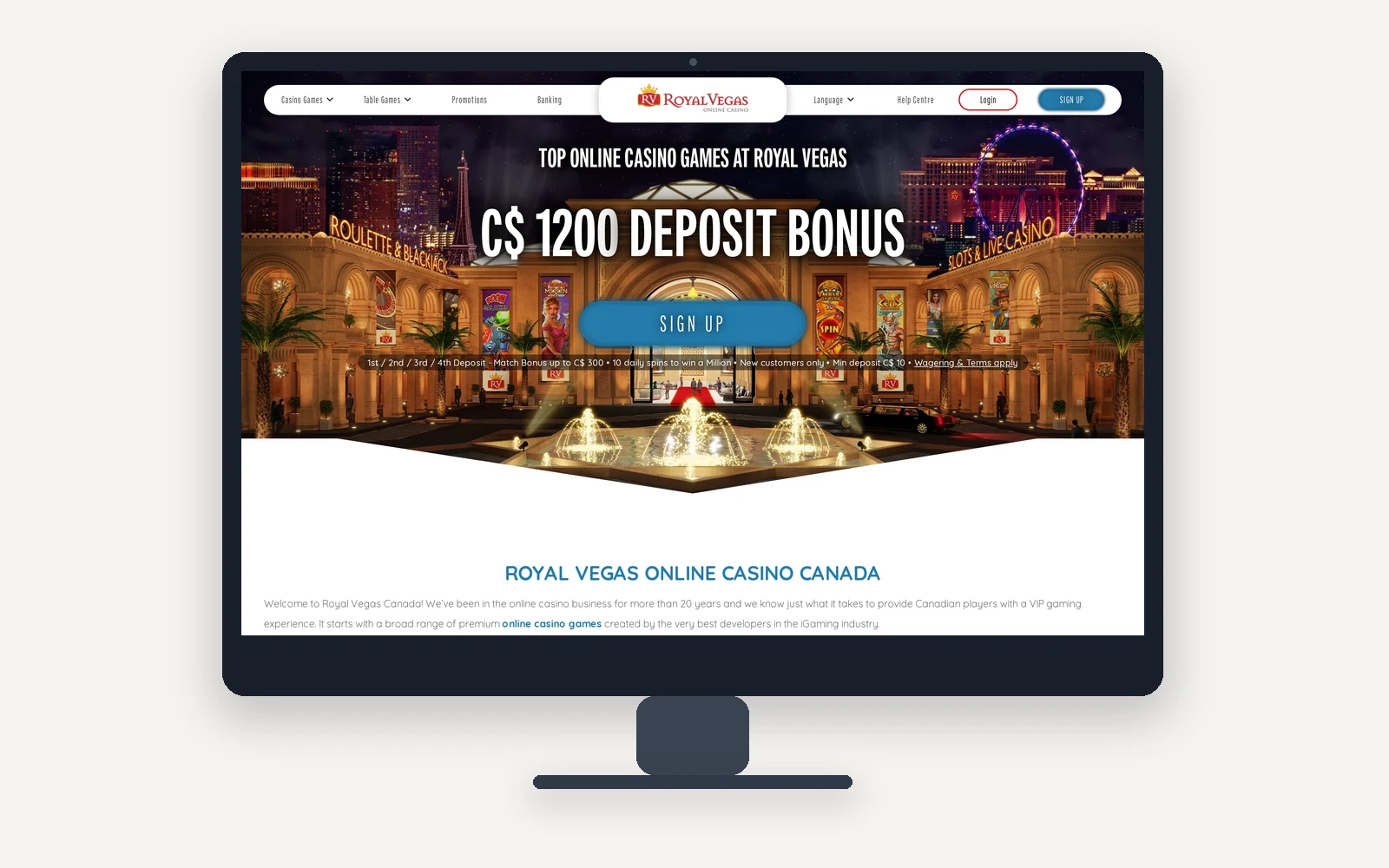 Royal Vegas Canada on a desktop monitor, with the C$1,200 deposit bonus