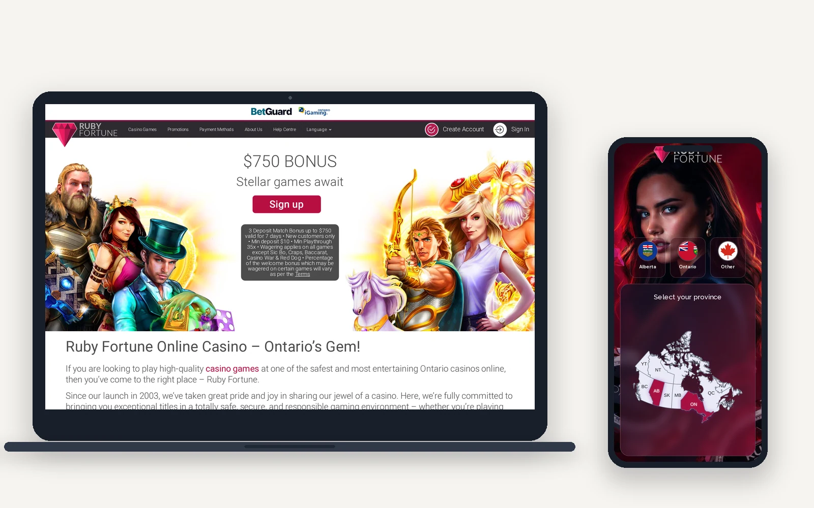Ruby Fortune Ontario on a laptop and a phone, with the welcome bonus and Ontario licensing marks