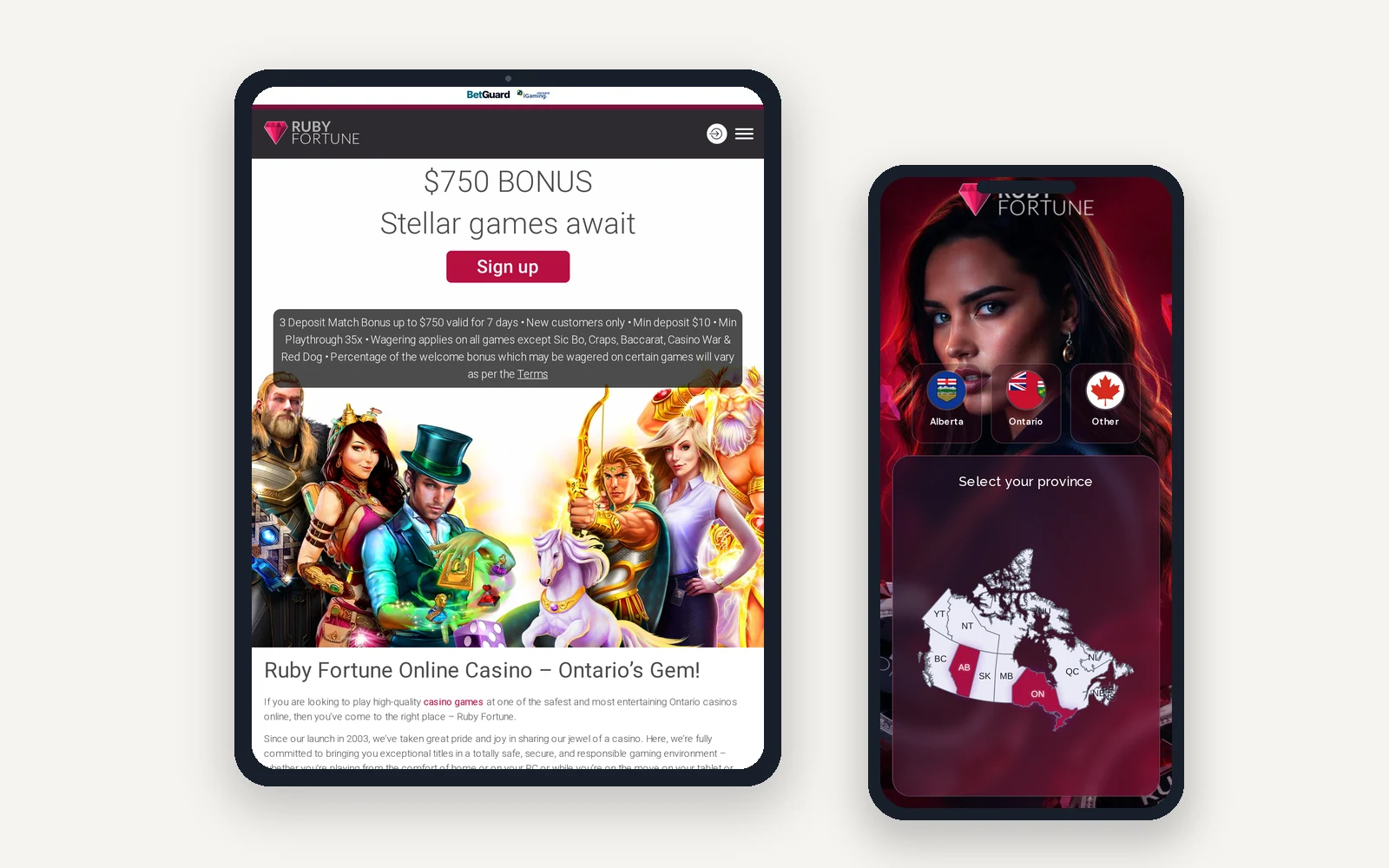 Ruby Fortune Canadian casino games on a tablet and a phone, with live and table games