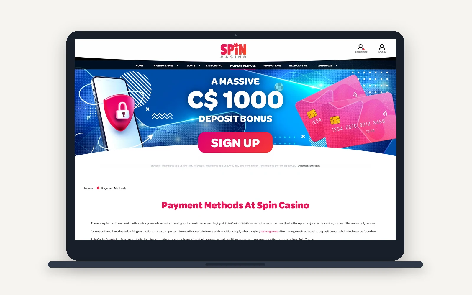 Spin Casino payment methods page on a laptop, listing Canadian deposit and withdrawal options
