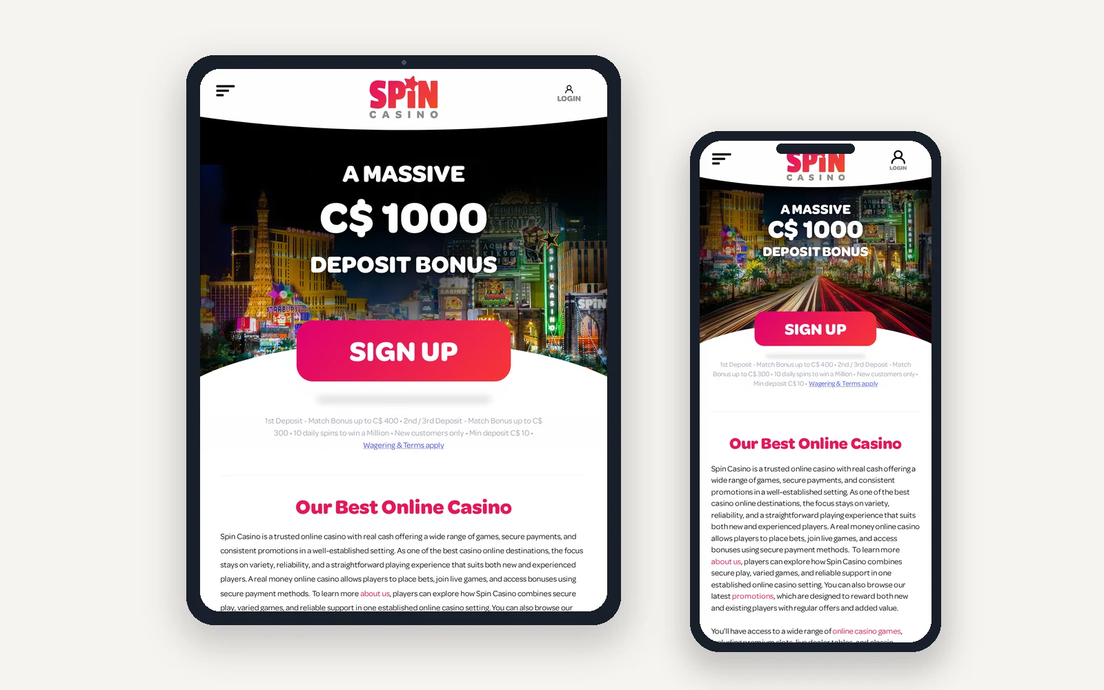 Spin Casino slots lobby on a tablet and a phone, with the game grid for Canadian players