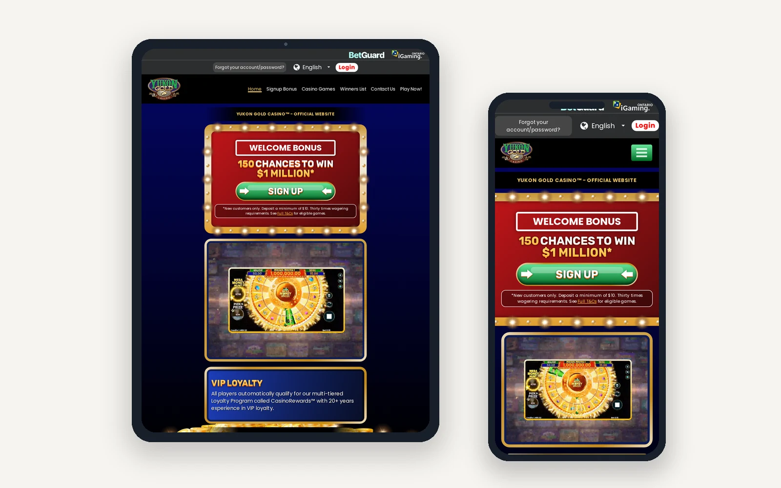 Yukon Gold Casino on a tablet and a phone, with the 150 chances welcome bonus